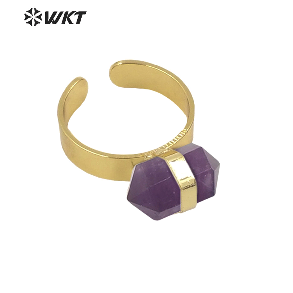 WT-R385 WKT 2022 Beautiful Crystal Amethyst Black Obsidian Hexagon Rings Natural Stone Rings Gold Plated Quartz Point Ring