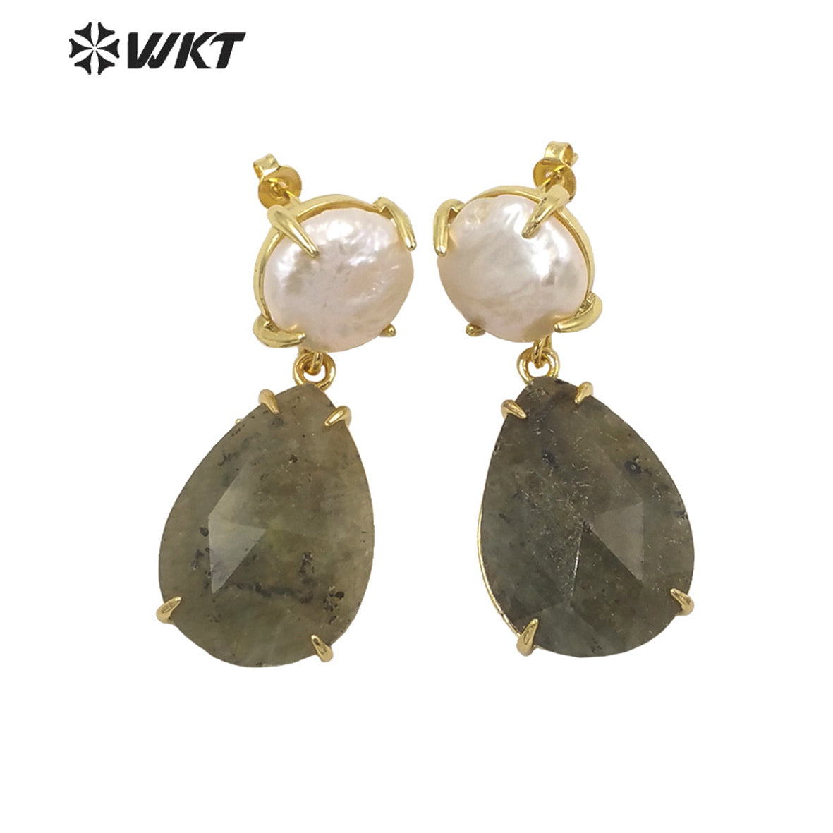 WT-E696 Amazing the Royal Nobility Gorgeous Design Women Natural Gemstone Teardrop Earrings with Pearl Studs in Resist Gold