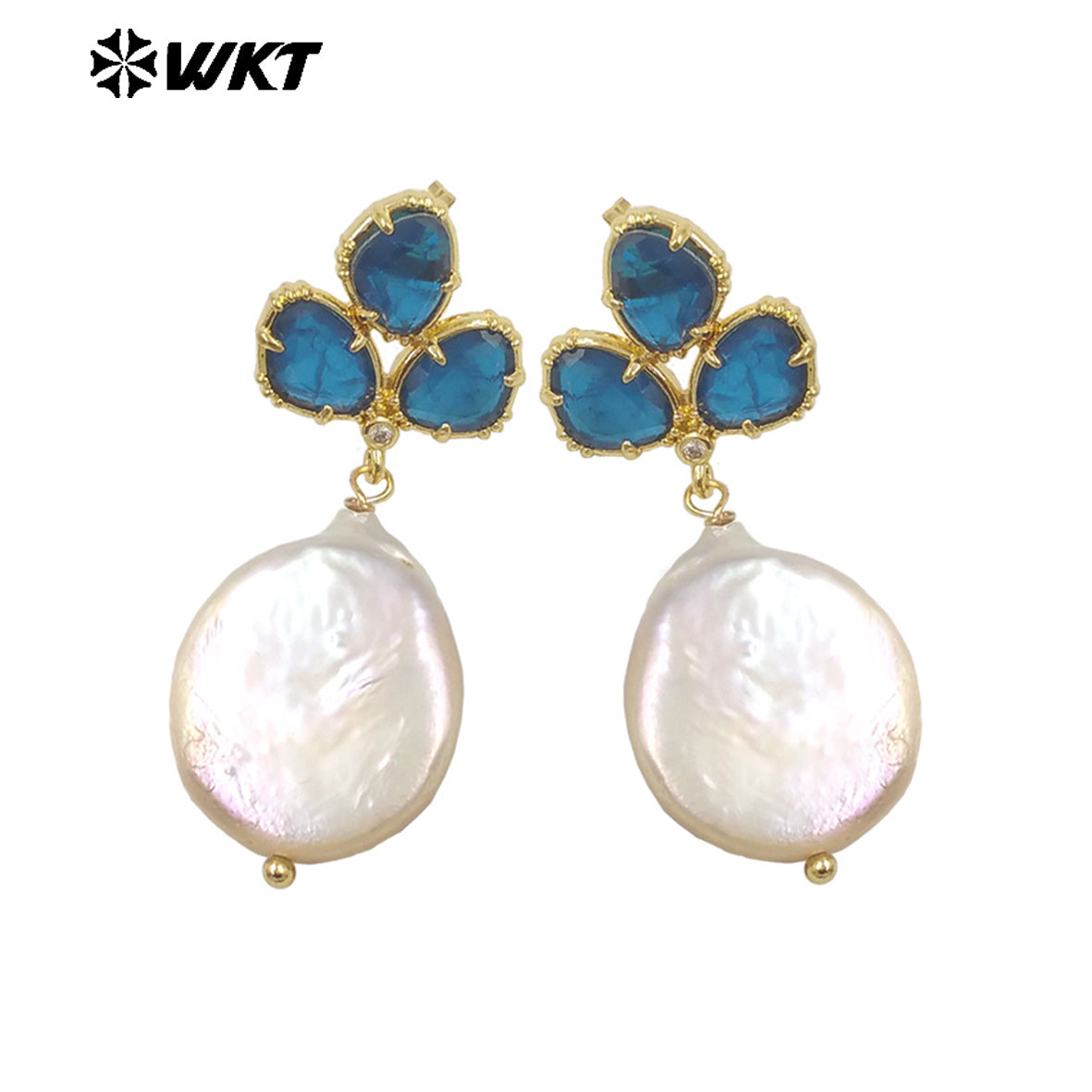 WT-MPE136 Wholesale Fashion Gold Plated Precious Natural Round Coin Real Pearl Earring Studs With Fashion Saphire