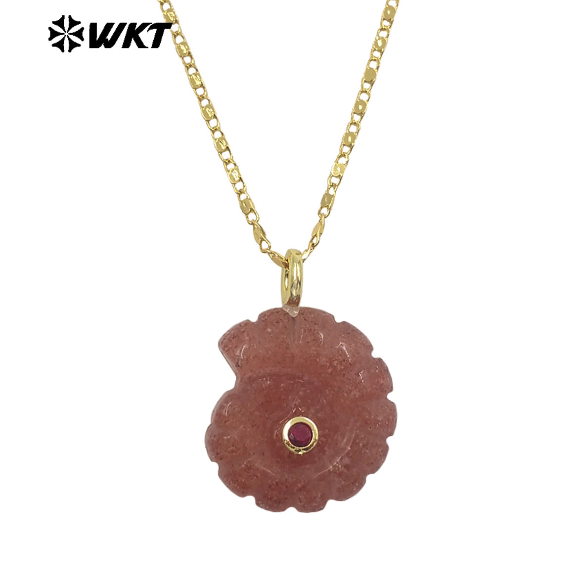 WT-N1510 Hot Sale Gold Thin Chain With Natural Gemstones Carved Trumpet Pendant Necklace As Women Daily Wearing Jewelry