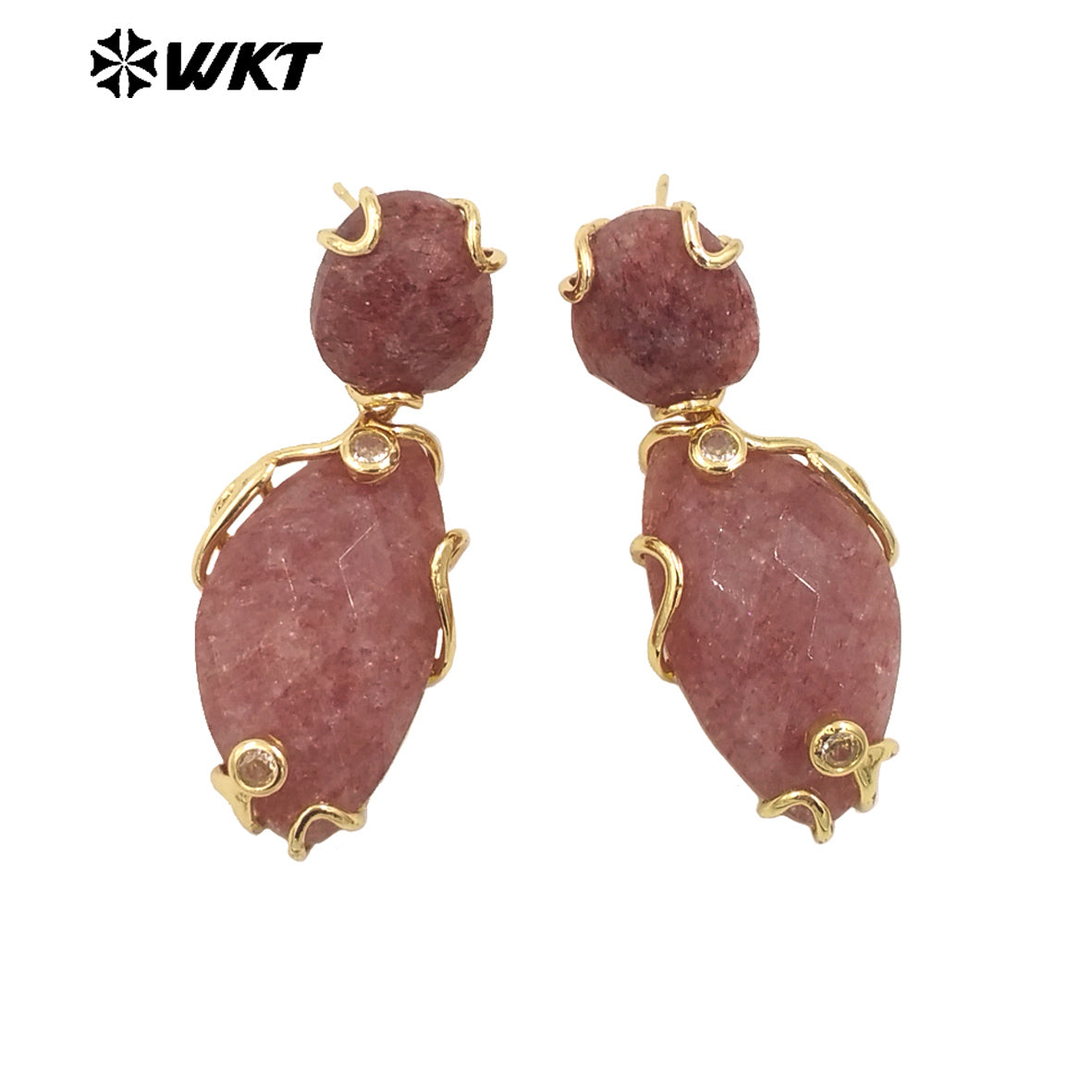 WT-E751 Wholesale New Gorgeous Precious Natural Gemstone Made With Claw Setting Amazonite Rose Quartz Dangle Stone Earrings