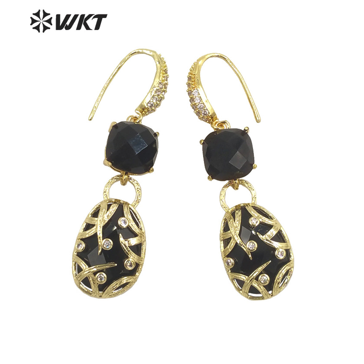 WT-E691 Fashion Double Stone Handmade Claw Setting Bezel Earrings Women Delicate Long Hoop Amethyst Stone Earrings