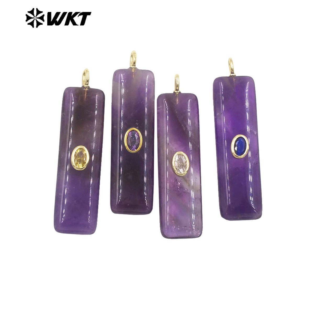 WT-P2019 Popular Fashion Rectangle Multi Color Natural Gemstones With Zircon Smooth Pendants For Romantic Jewelry DIY