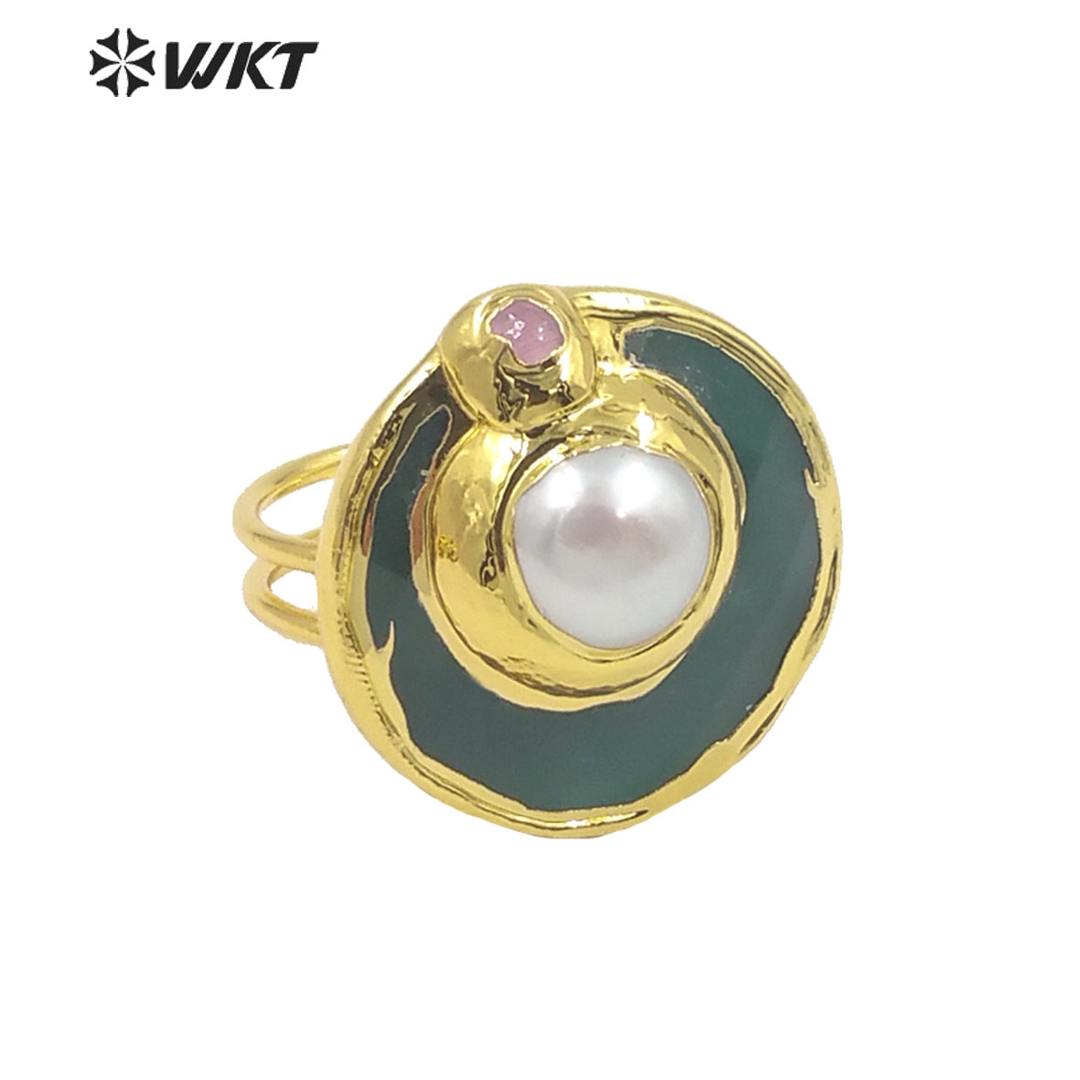 WT-R401 Natural Gemstone Lovely Fashion Cat Eye Ring with Pearl Crystal Colorful Round Ring 18k Gold-plated Women Gemstone Ring