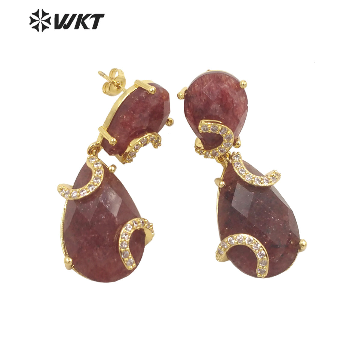 WT-E692 WKT New Design Colorful Spring Match Style Faceted Natural Stone Teardrop Earrings with Cubic Zircon Earrings for Party