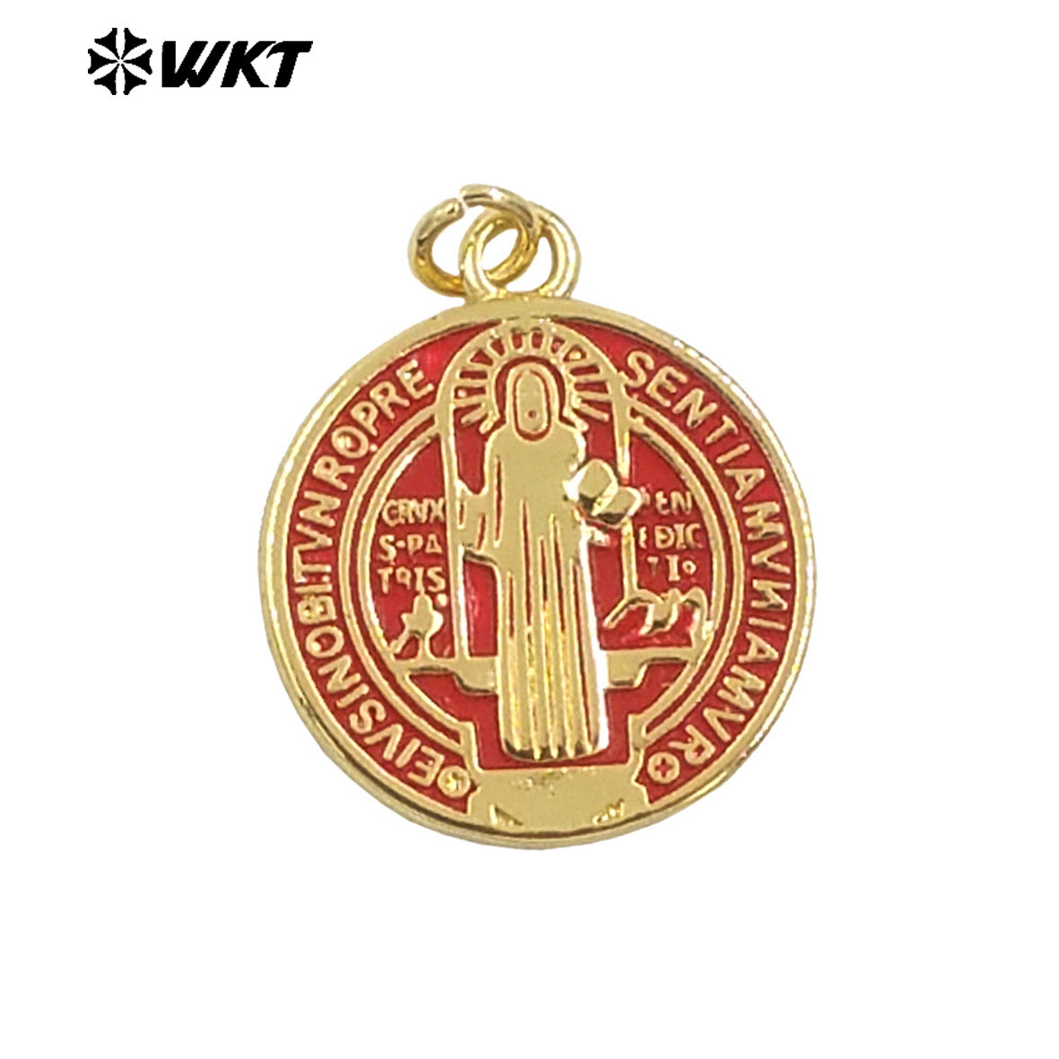 WT-MP294 Unique Spring Design Round 18K Real Gold Plated Brass Medal Christian Religious St Benedict Pendants