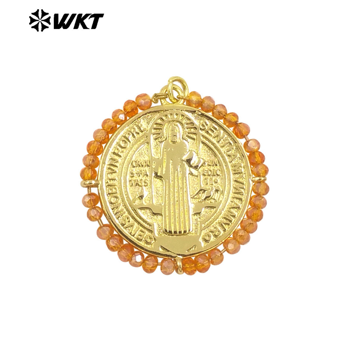 WT-MN991 Fashion Popular Women Wire Wrapped Brass 18K Gold St Benedict Medal Necklace With Crystal Decorate Religious Jewelry