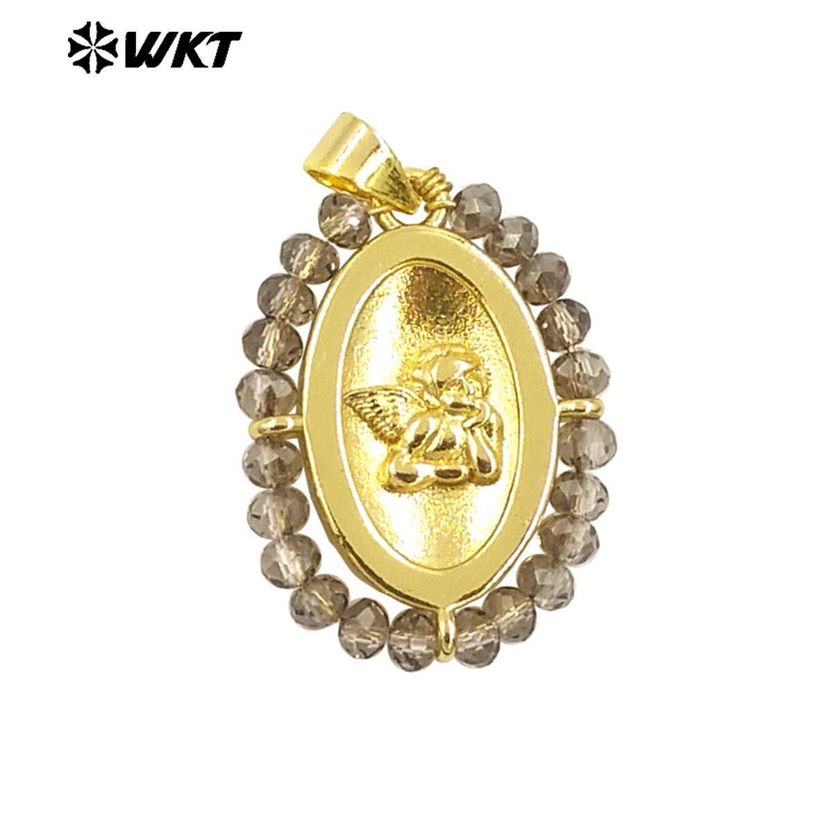 WT-MN994 2024 New Popular Gold Plated With Handmade Crystal Wire Wrapped Beads Around Angel Medal Christian Jewelry Necklace