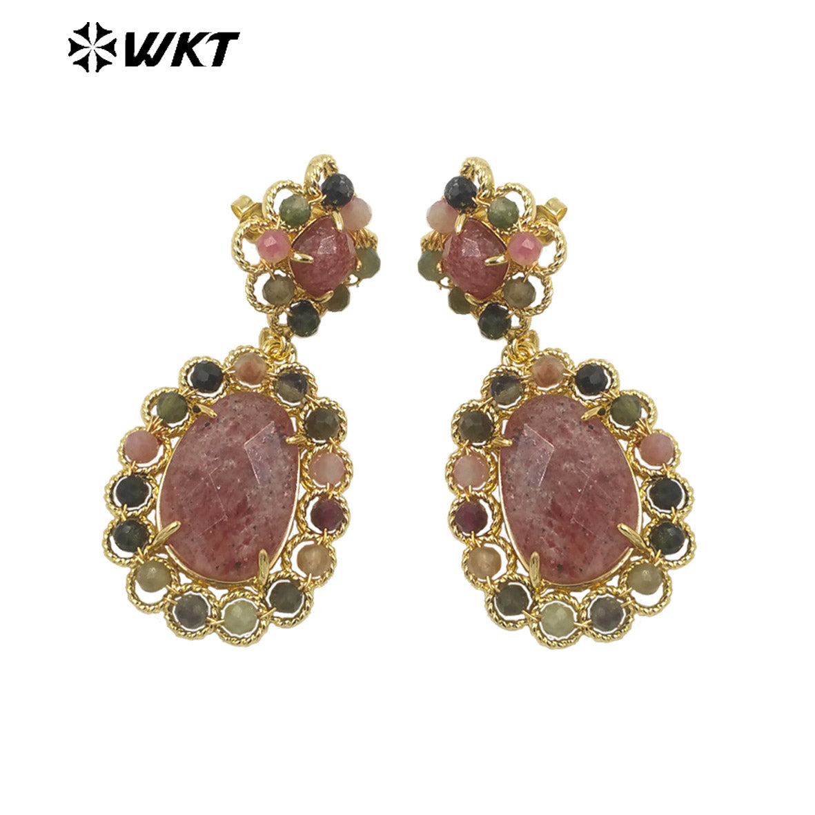 WT-E724 WKT Precious Natural Gemstone Carved with Wire Wrapped Tiny Stone Beads Made Earrings Charming Gorgeous Lapis Earrings