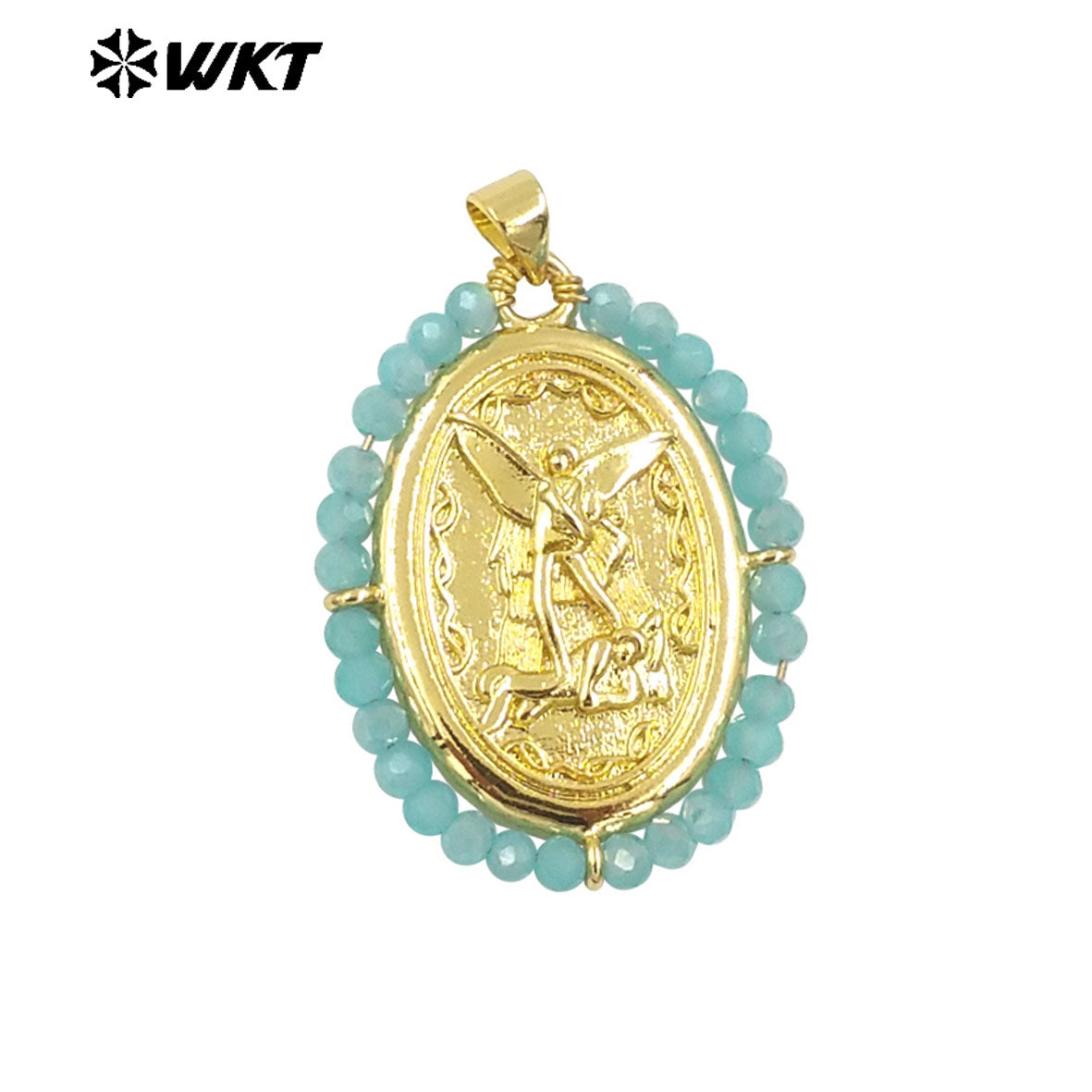 WT-MN990 Fashion Women 18K Real Gold Plated Oval Shape Crystal Wire Wrapped Guardian Angel Necklace for Christian