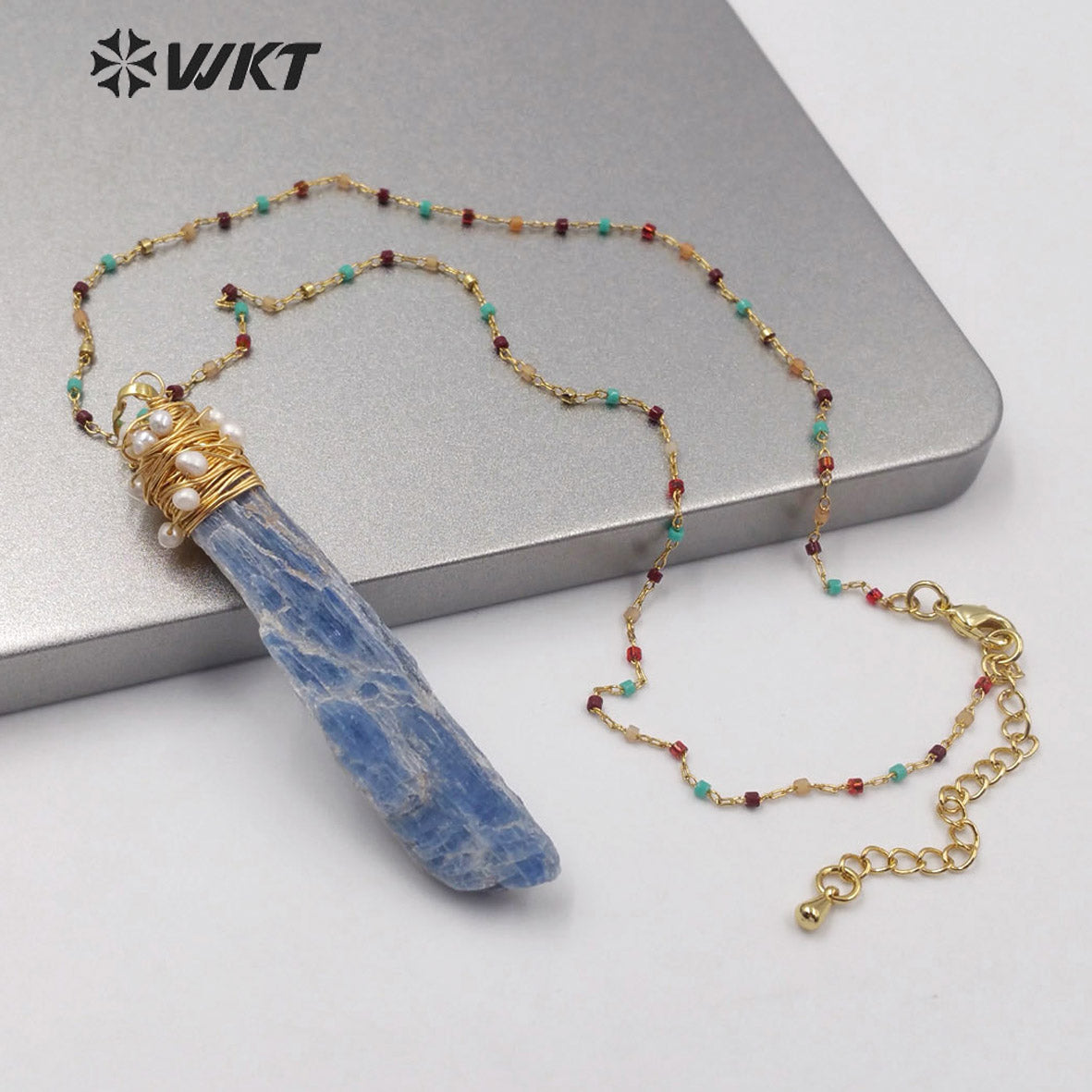 WT-N1217 Popular Wire Wrapped Blue Kyanite Necklace Fashion Lady Charm Jewelry Raw Blue Kyanite Necklace