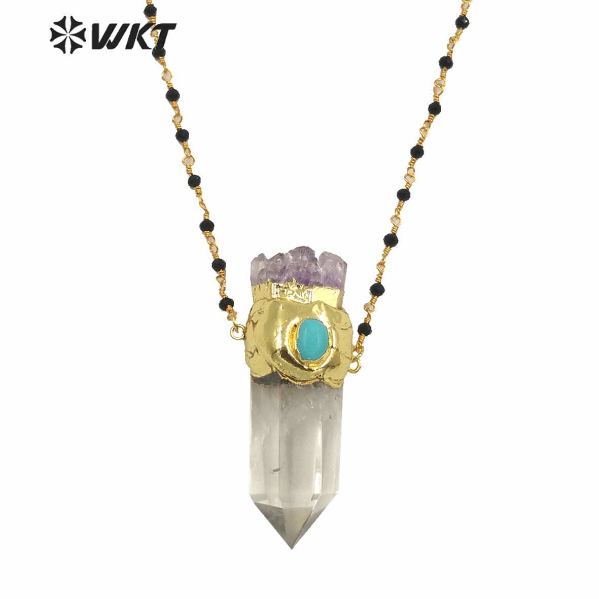WT-N1252 Wholesale Gold Electroplated Natural Aura Spirit Quartz Necklace Women Fashion Chunky Crystal Point Quartz Necklace