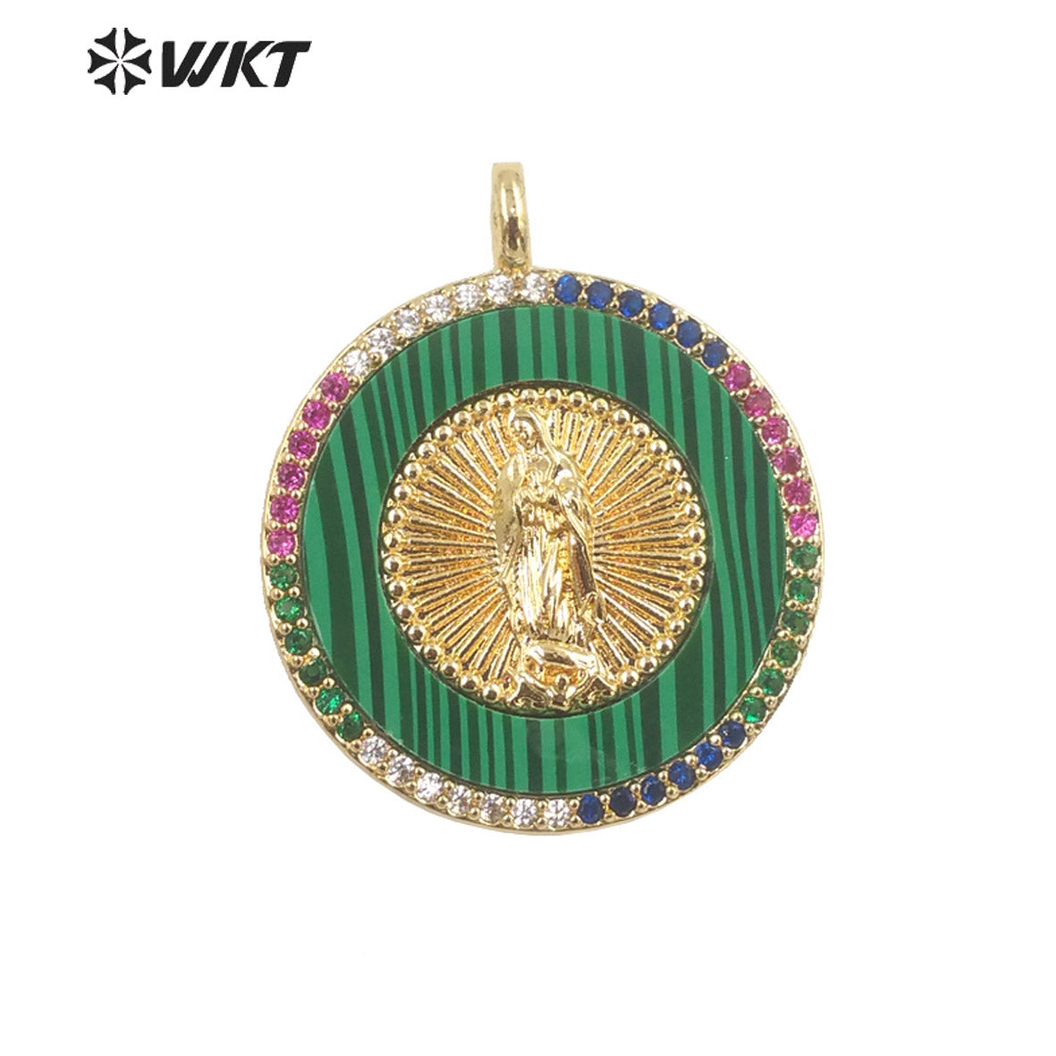 WT-MP272 Newest Vintage Style Ball Shaped Natural Malachite Stone &Cubic Zircon Madonna Design Pendant