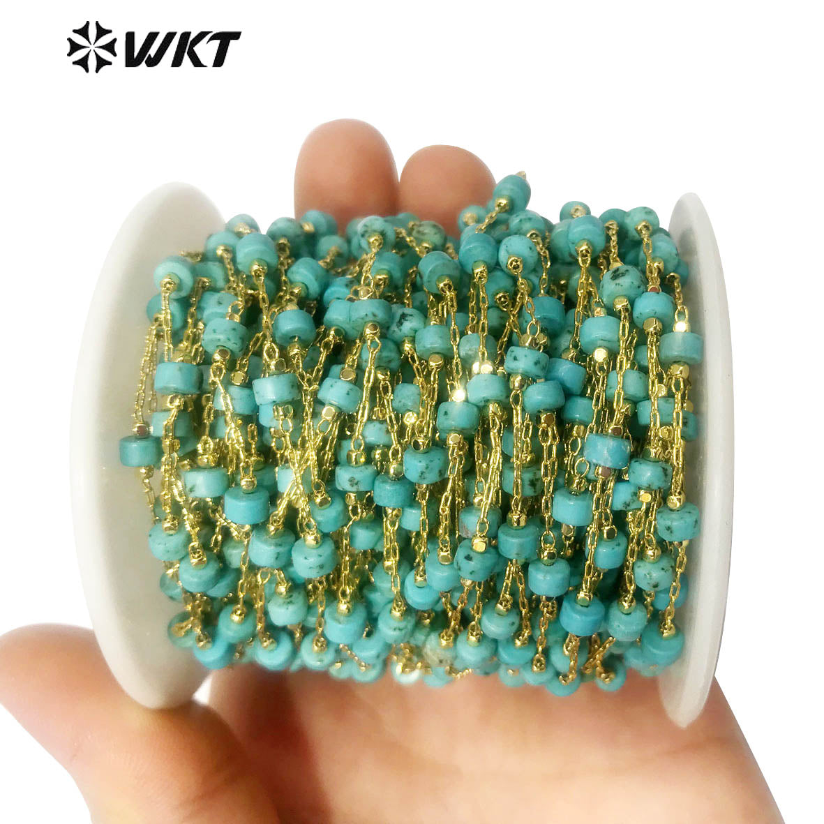 WT-RBC135 Fashion Accessory Stone Beads Chain 6mm Natural Stone Beads Rosary Necklace Chain Gold Plated Jewelry Beads Chain