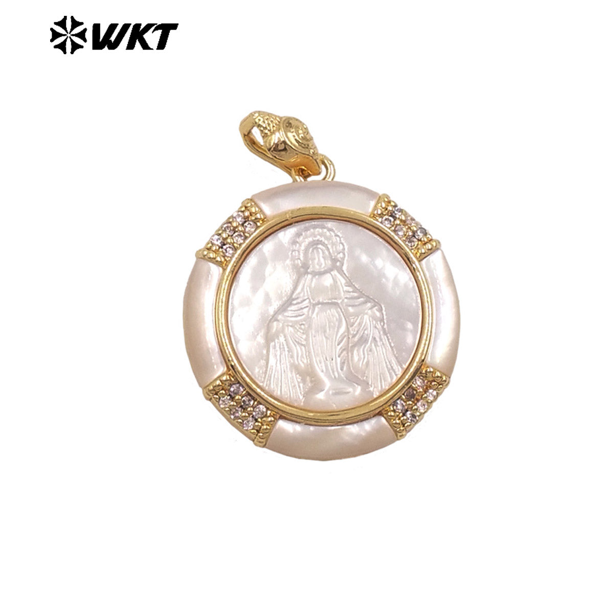 WT-JP428 Top Quality Gold Plated Round Shape Hand Carved Religious Style Little Mop Pendant For Women Necklace Design