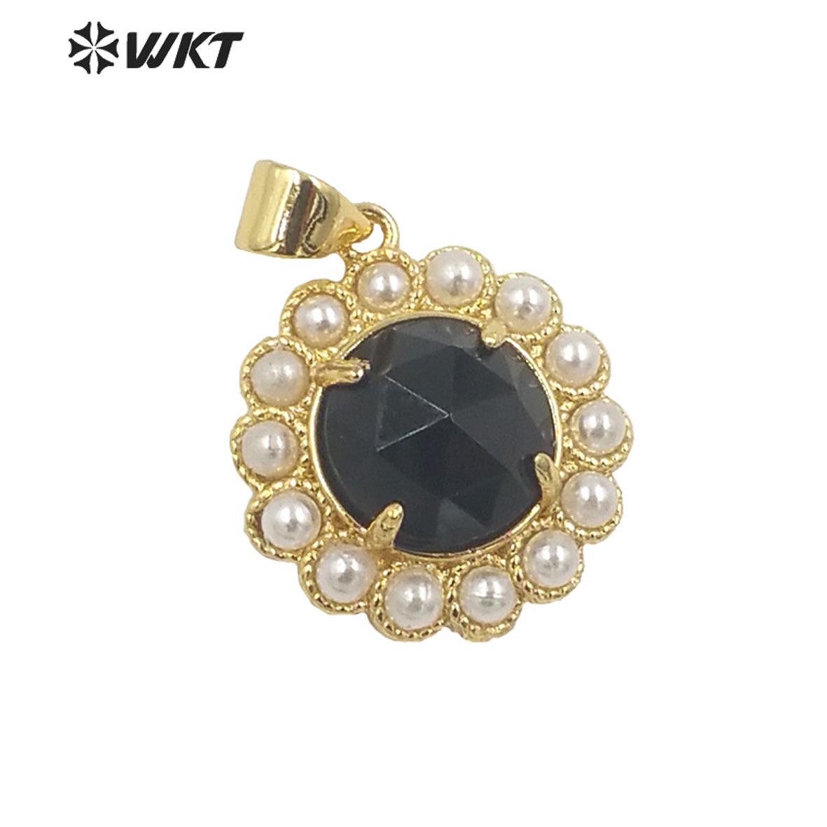 WT-JP358 Wholesale Fashion Gold Plated Stone With Claw Setting Artificial Shell Pearl Around Labradorite Gemstone Pendants
