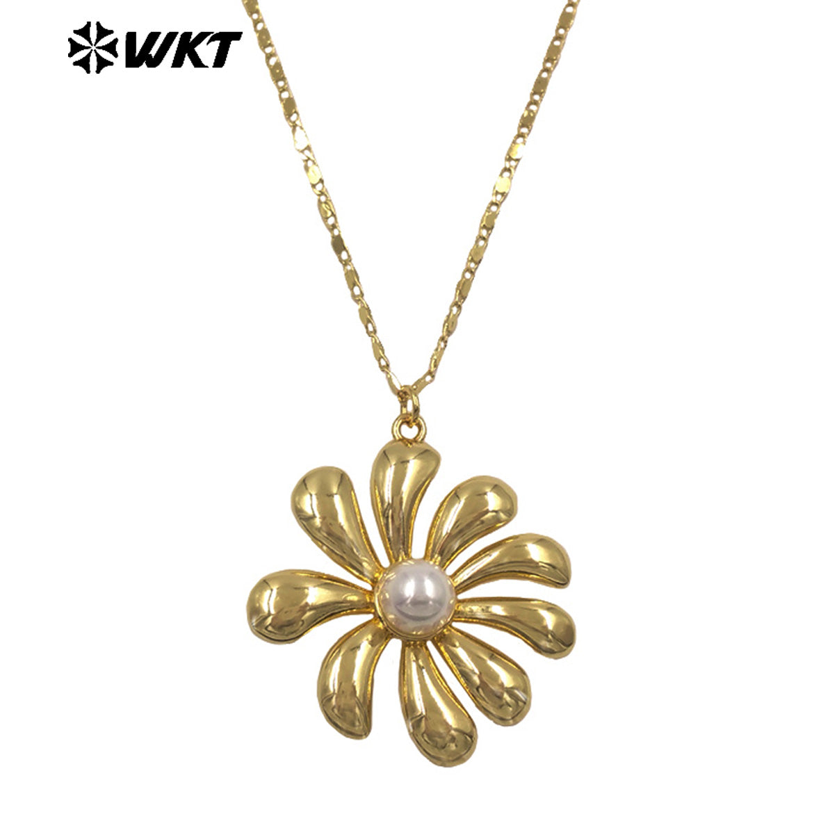 WT-N1516 Wholesale Trendy Metal Thin Chain With Gold Plated Brass And Artifical Pearl Flowers Pendant Necklace As Lady Matching