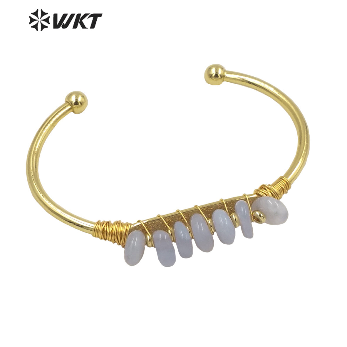 WT-B580 WKT Lovely Popular Gold Electroplated Open Size Cuff Bangle Women Bohemian Natural Gemstone Beads Wire Wrapped Bangle