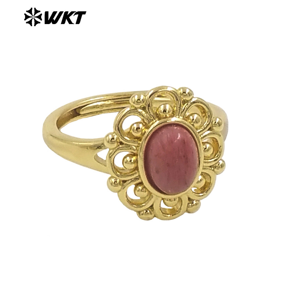 WT-R537 Wholesale Fashion 18K Real Gold Plated Round Hollow Flower Shape Design Natural Stone Ring for Women