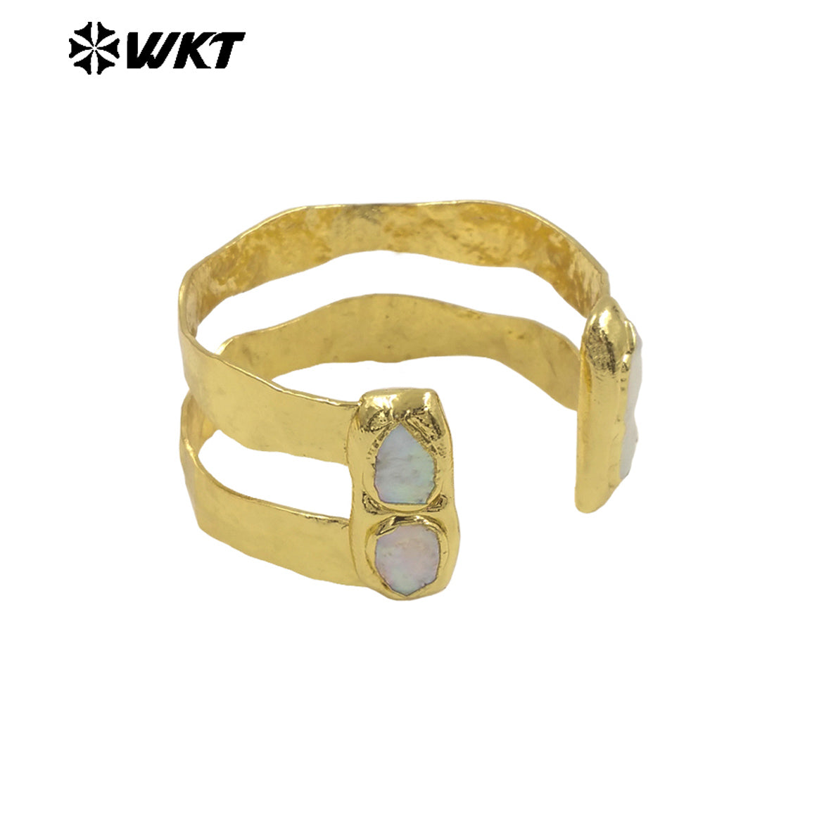 WT-B656 Wholesale Fashion New Gold Plated Resist Tarnishable Multi Stone Setting Freshwater Pearl and Amazonite Bangle