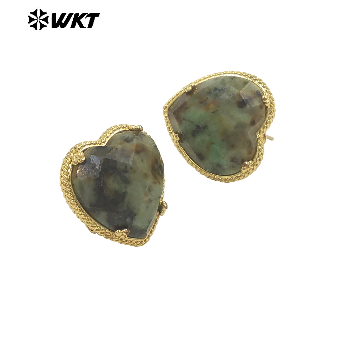 WT-E787 Newest Romantic Design Natural Gemstones Heart Studs Shape Amazonite Stone Gold Plated Women Lovely Jewelry Earrings