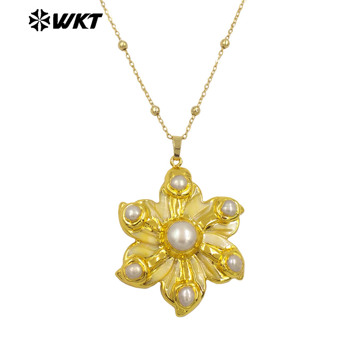 WT-JN294 the New Romantic 18K Gold Plated Natural Shell Six Pearl Flower Shaped Necklace for Lovely Woman As Birthday Gift
