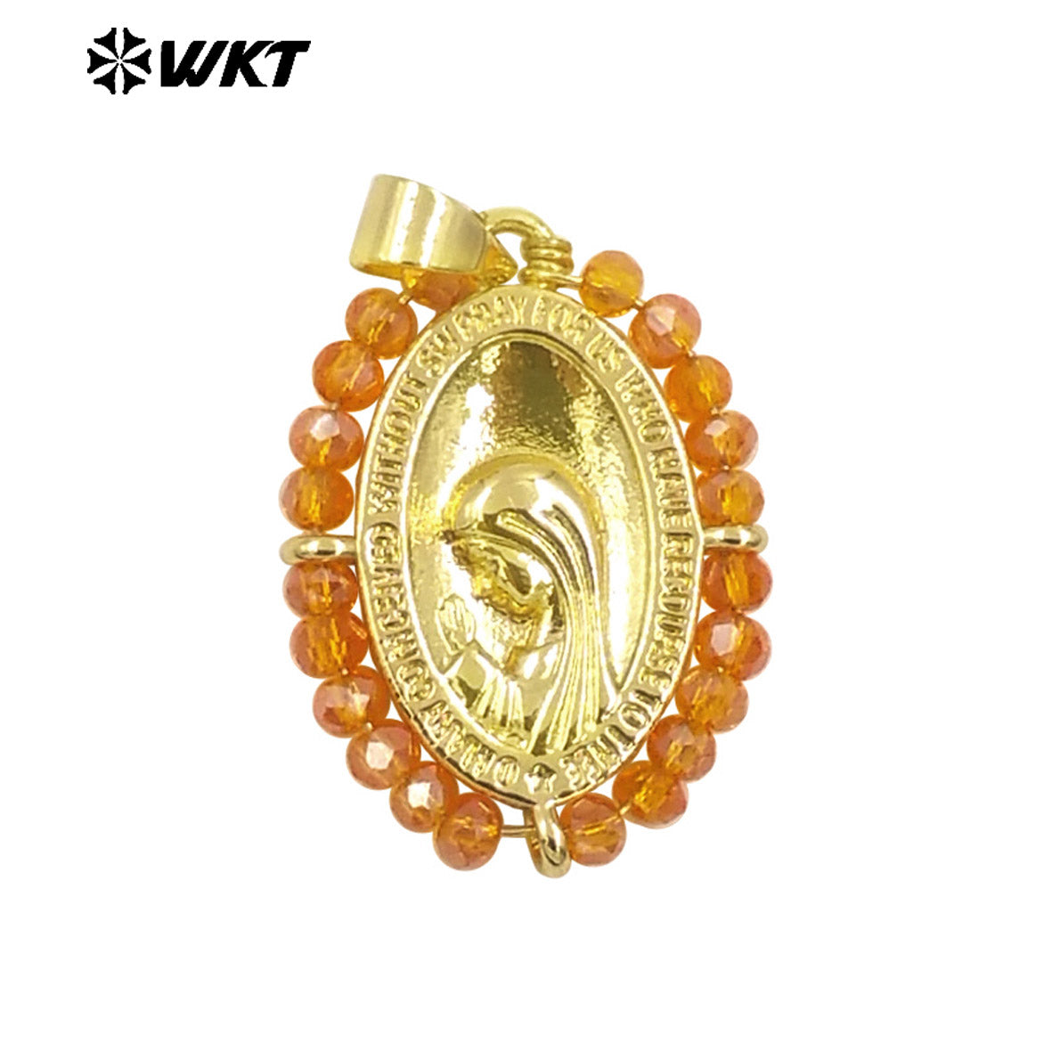 WT-MN995 WKT 18K Gold Plated Yellow Brass Metal Carved With Handmade Wire Wrapped Crystal Beads the Beauty Face Necklace