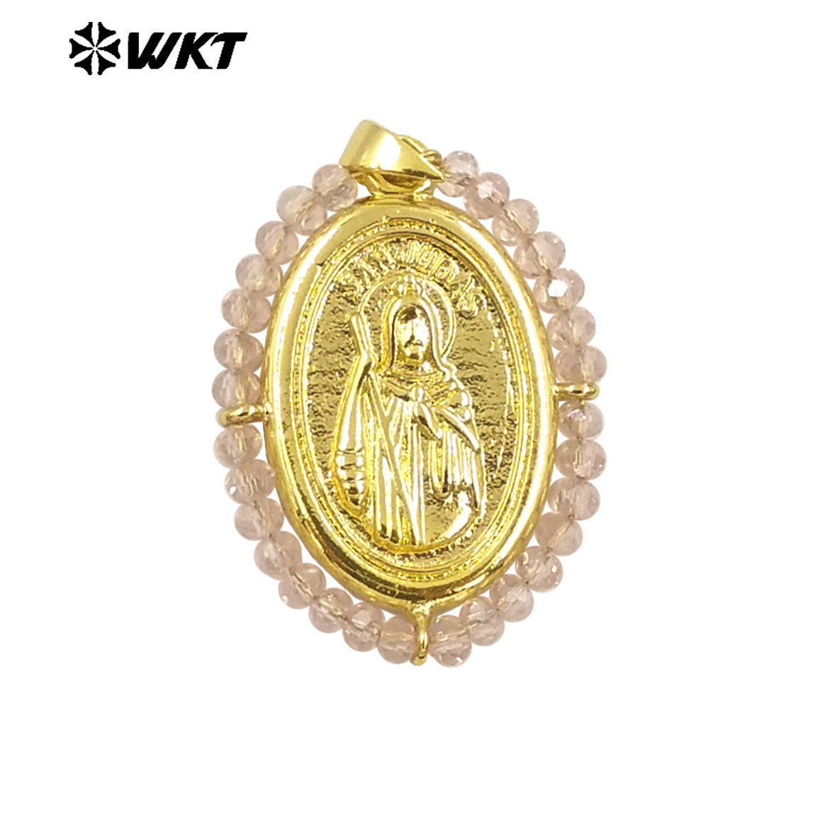 WT-MN989 Women Handmade Crystal Wire Wrapped Oval Shape 18K Gold Plated Miraculous Medal Necklace for Spring