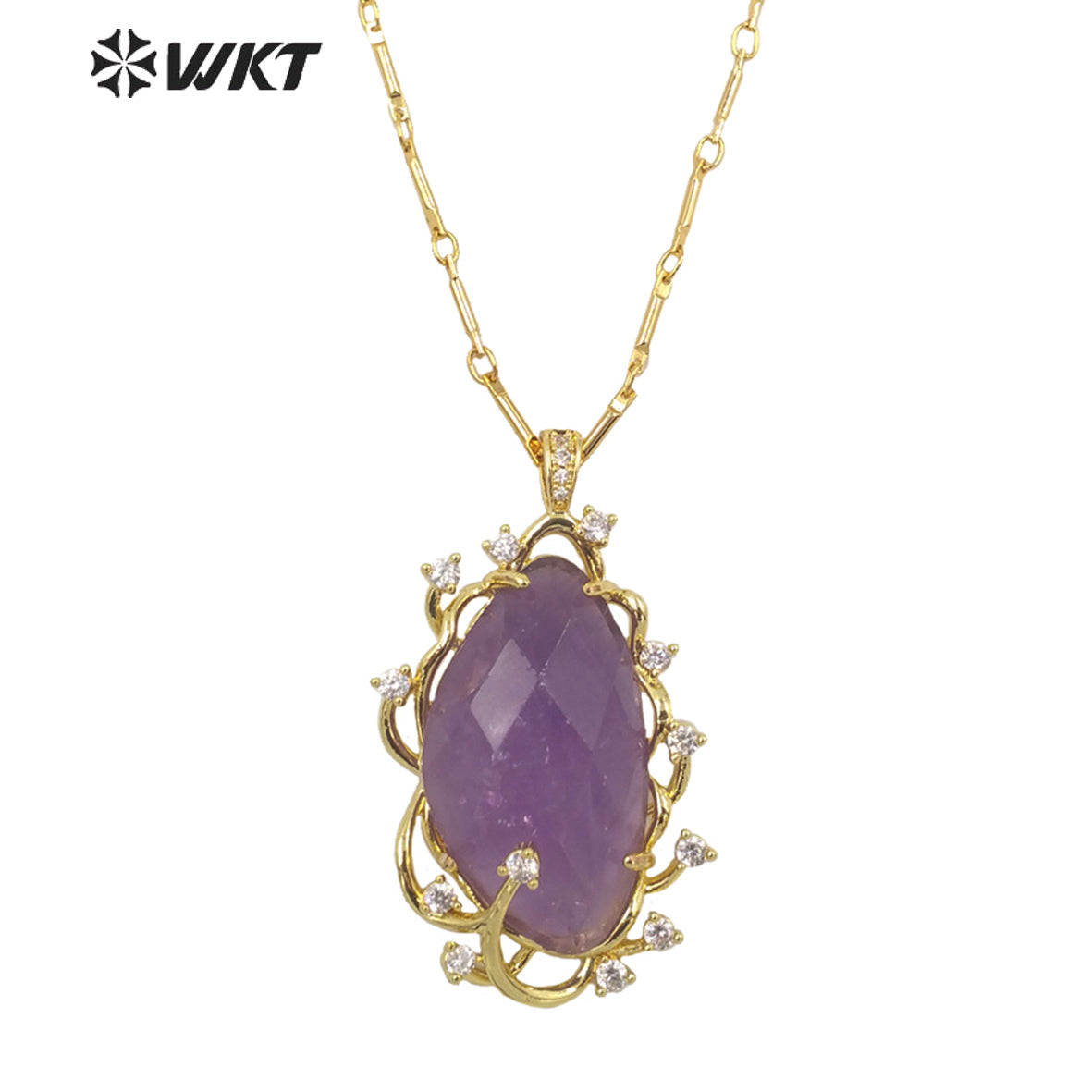 WT-N1351 Wholesale Fashion Gold Plated Natural Gemstone Bezel Setting Pendant Necklace Women Gorgeous Micro Pave Stone Necklace