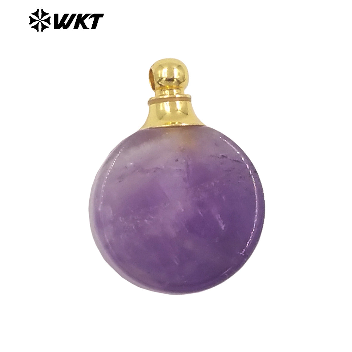 WT-P1982 Wholesale Fashion High Polish Round Flat Women Gold Loops Natural Gemstone Made Amethyst Essencial Oil Bottle Pendant