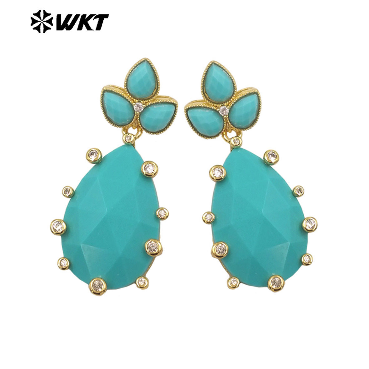 WT-E756 Gorgeous Precious Natural Amazonite Amethyst Gemstone Carved Long Teardrop Earrings With Zircon Around Trend Style