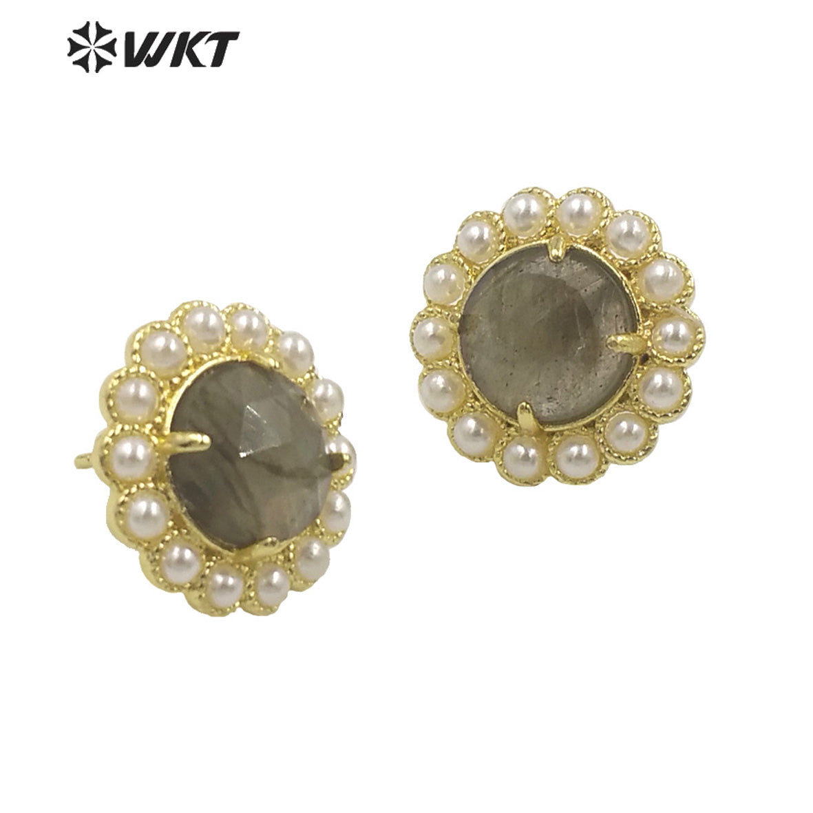 WT-MPE121 Wholesale Fashion Gold Plated Round Pearl Setting with Claw Gorgeous Natural Sun Stone Earring Studs