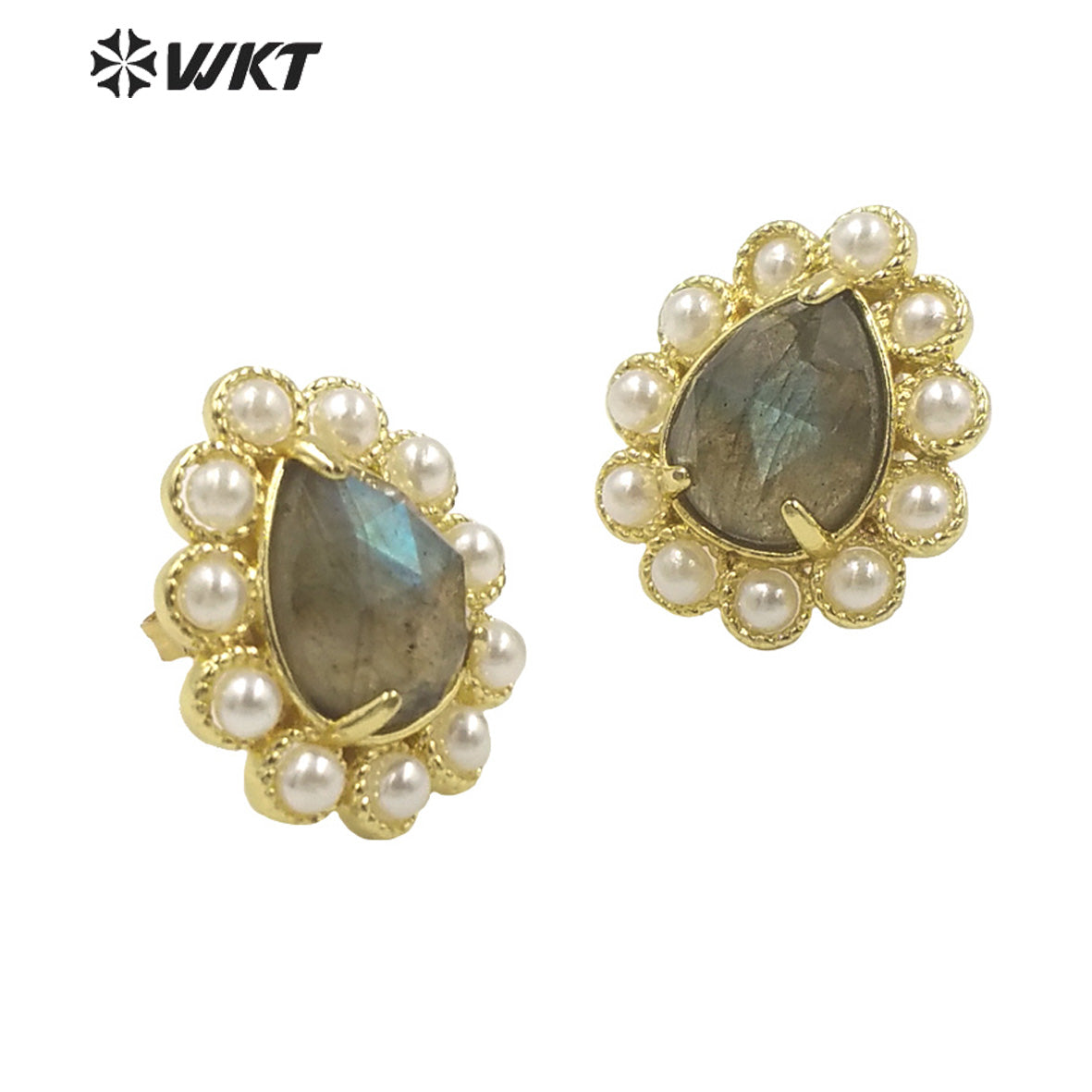 WT-MPE124 Charming Drop Natural Gemstone Made With Artificial Pearl Gold Bezel Setting Women Earring Studs