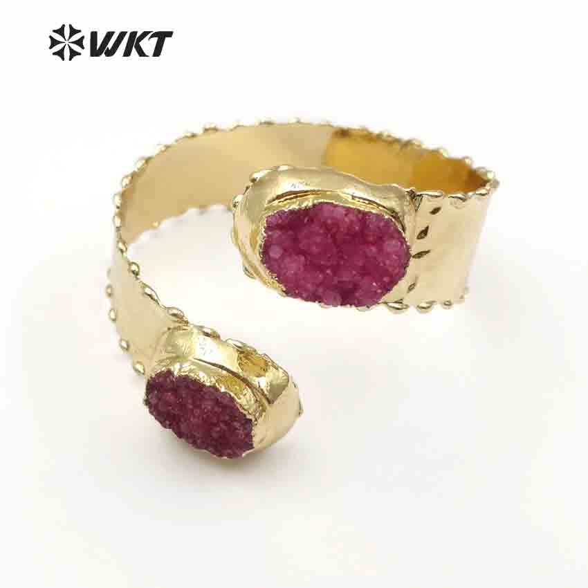 WT-B435 Wholesale Custom New Design Natural Gold Color Multi Stone With Adjustable Size for Jewelry Druzy Stone Bangles