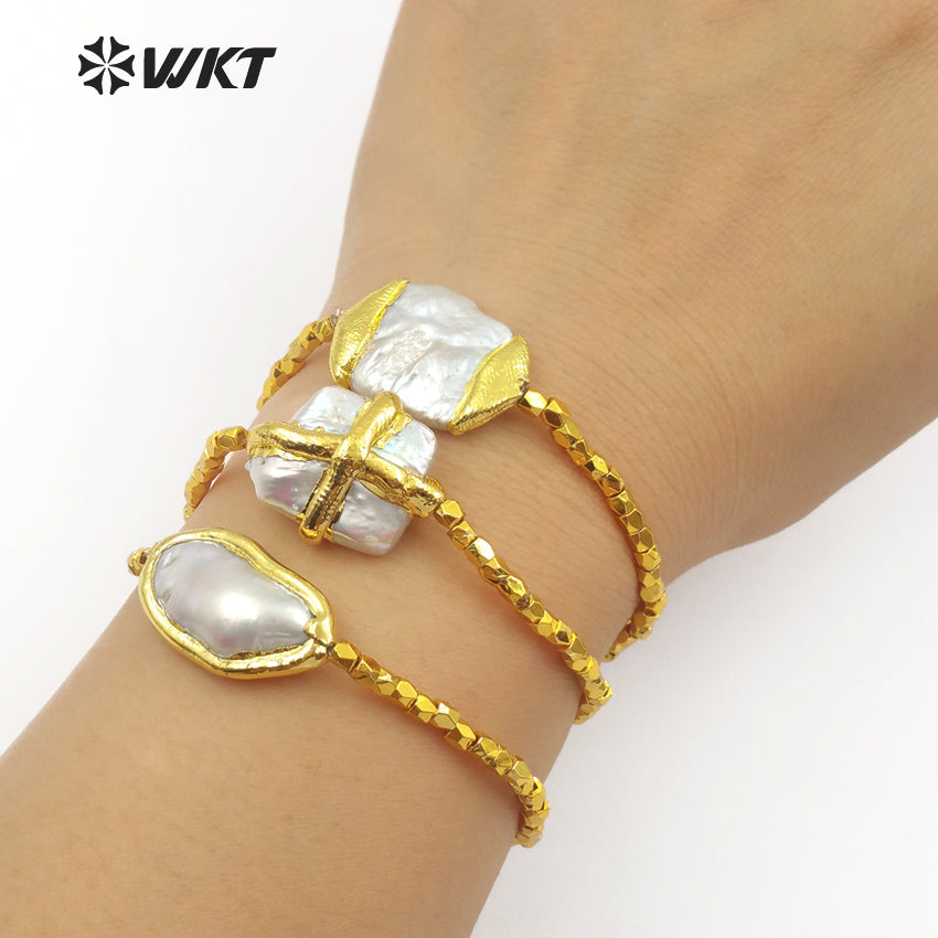 WT-B418 Amazing Gold Plated Freshwater Pearl Bracelet Women Fashionable Flexible Baroque Pearl Bracelet for Gift