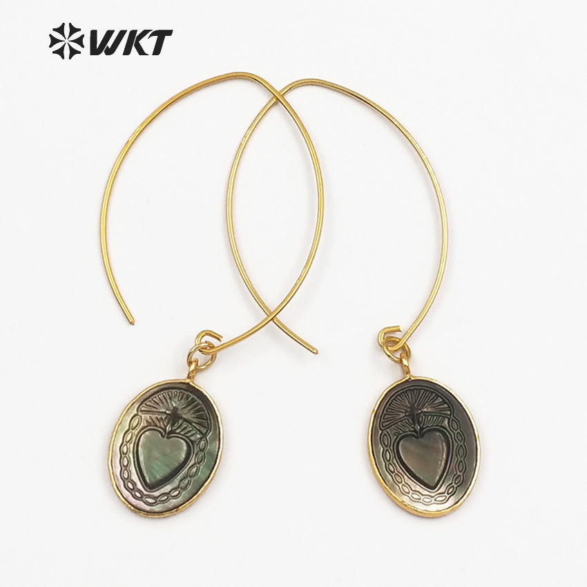 WT-E455 Metal Earwire With Gold Bezel Natural Sea Shell Briolette Earring Mysterious Pattern Women Bohemia Dangle Earring