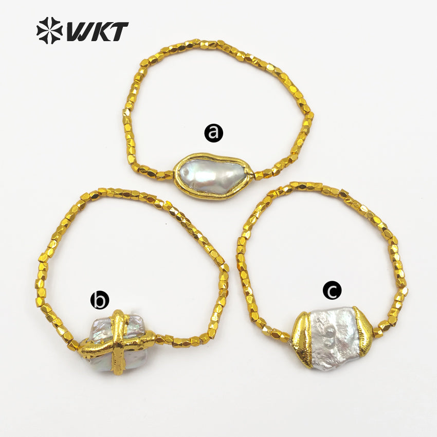WT-B418 Amazing Gold Plated Freshwater Pearl Bracelet Women Fashionable Flexible Baroque Pearl Bracelet for Gift