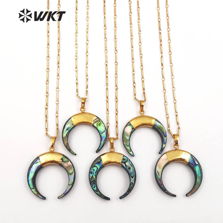 WT-N998 Wholesale High Quality Special Design Necklace 18 Inch Natural Abalone Shell Crescent Shape 24K Gold Plated Jewelry