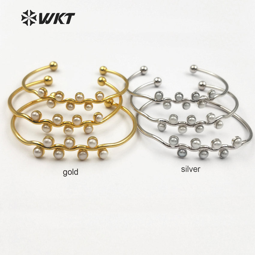 WT-B387 WKT Wholesale Fashion New Simple 24k Real Gold Plated Freshwater Pearl Charm Adjustable Cuff Bangle