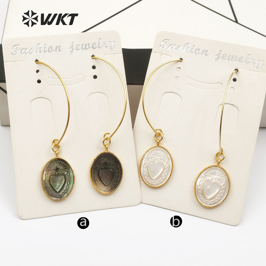 WT-E455 Metal Earwire With Gold Bezel Natural Sea Shell Briolette Earring Mysterious Pattern Women Bohemia Dangle Earring
