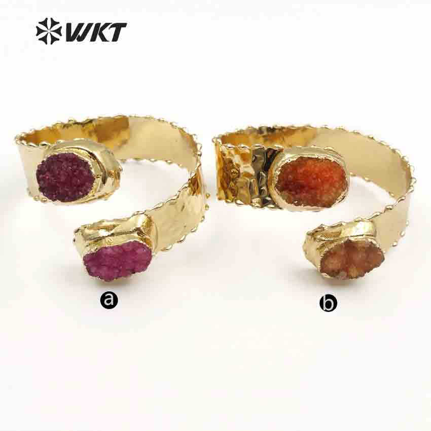 WT-B435 Wholesale Custom New Design Natural Gold Color Multi Stone With Adjustable Size for Jewelry Druzy Stone Bangles