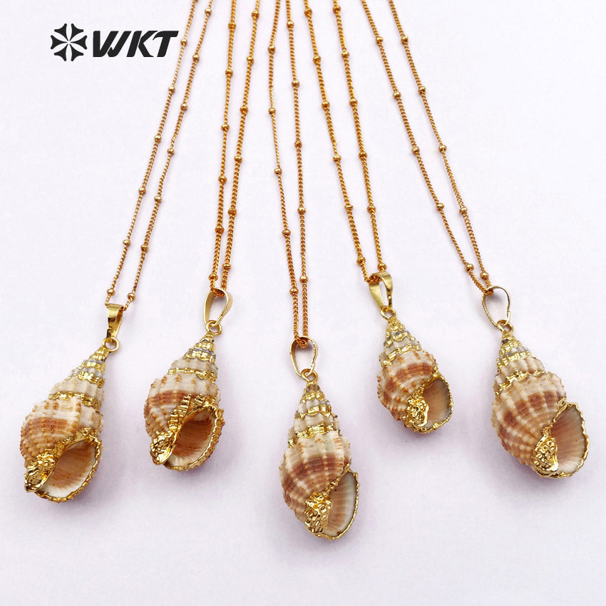WT-JN021 Wholesale Natural Shell Necklace Genuine Sea Shell Trumpet Pendants with Gold Color Plated for Women Making