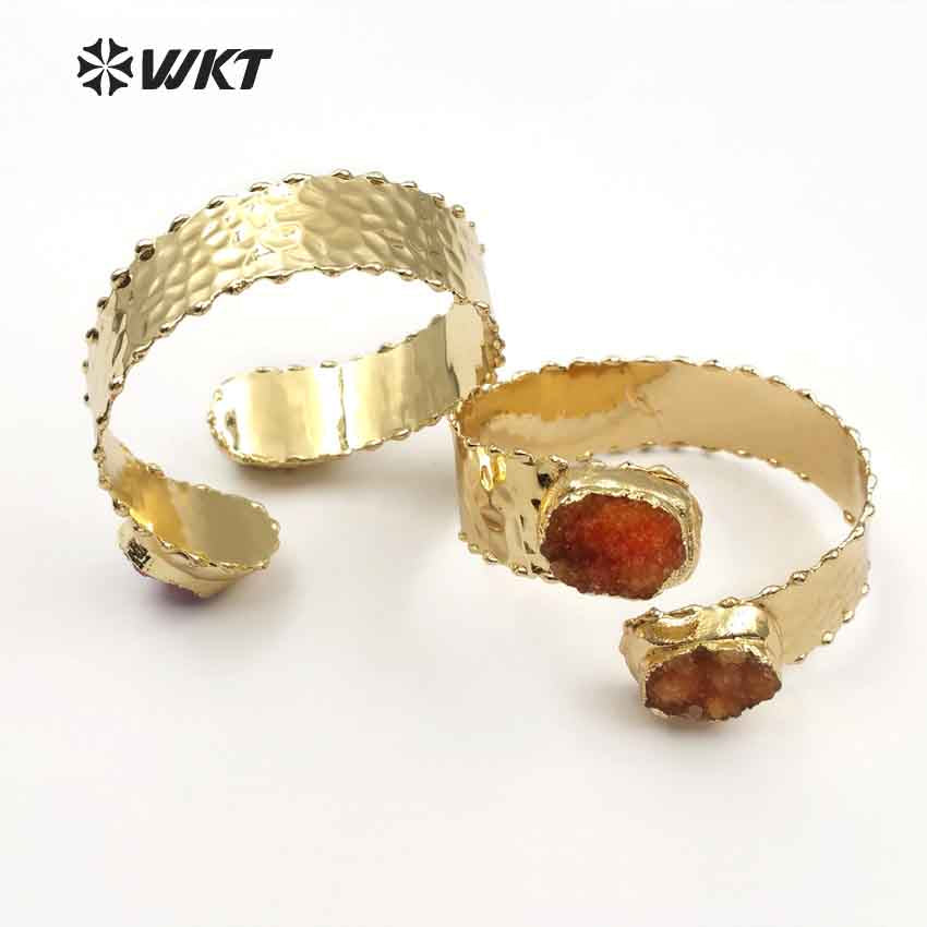 WT-B435 Wholesale Custom New Design Natural Gold Color Multi Stone With Adjustable Size for Jewelry Druzy Stone Bangles