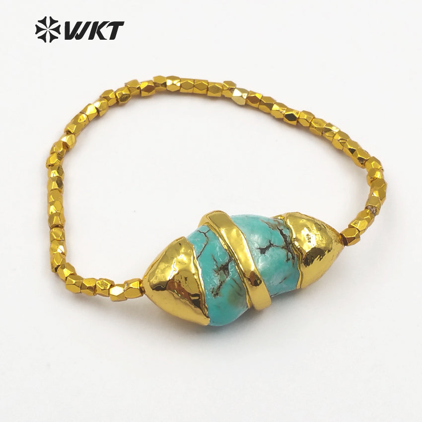 WT-B417 Wholesale Women Fashionable Handmade Turquoise Beads Bracelet, Gold Plated Flexible Green Turquoise Bracelet