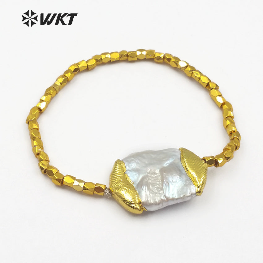 WT-B418 Amazing Gold Plated Freshwater Pearl Bracelet Women Fashionable Flexible Baroque Pearl Bracelet for Gift