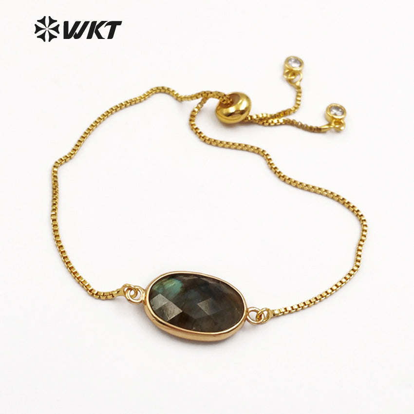 WT-B420 Women Fashion Gold Bezel Natural Gemstone Bracelet, Adjustable Brass Chain Bracelet with Stone