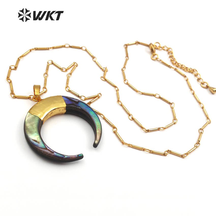 WT-N998 Wholesale High Quality Special Design Necklace 18 Inch Natural Abalone Shell Crescent Shape 24K Gold Plated Jewelry