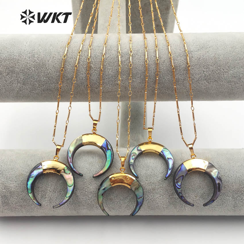 WT-N998 Wholesale High Quality Special Design Necklace 18 Inch Natural Abalone Shell Crescent Shape 24K Gold Plated Jewelry