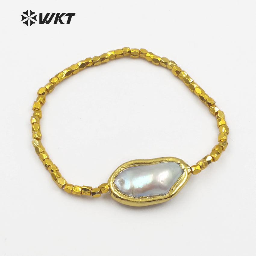 WT-B418 Amazing Gold Plated Freshwater Pearl Bracelet Women Fashionable Flexible Baroque Pearl Bracelet for Gift