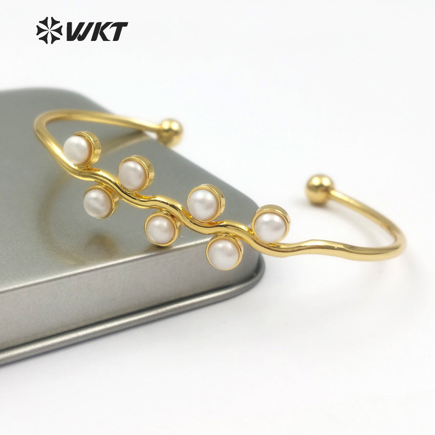 WT-B387 WKT Wholesale Fashion New Simple 24k Real Gold Plated Freshwater Pearl Charm Adjustable Cuff Bangle